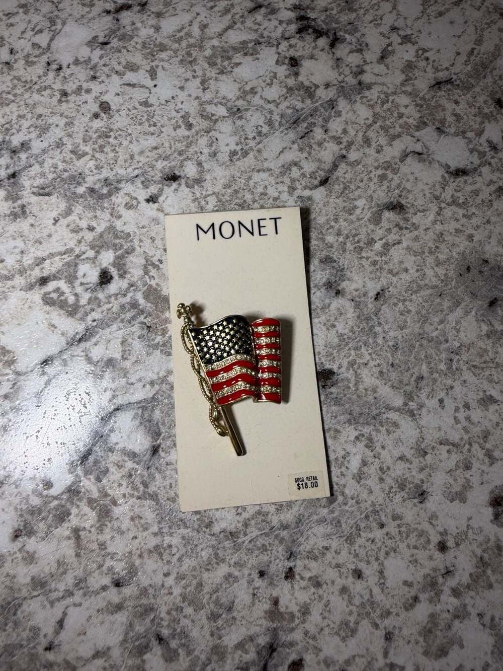 Monet American Flag Brooch Gold Tone Enamel Rhinestone